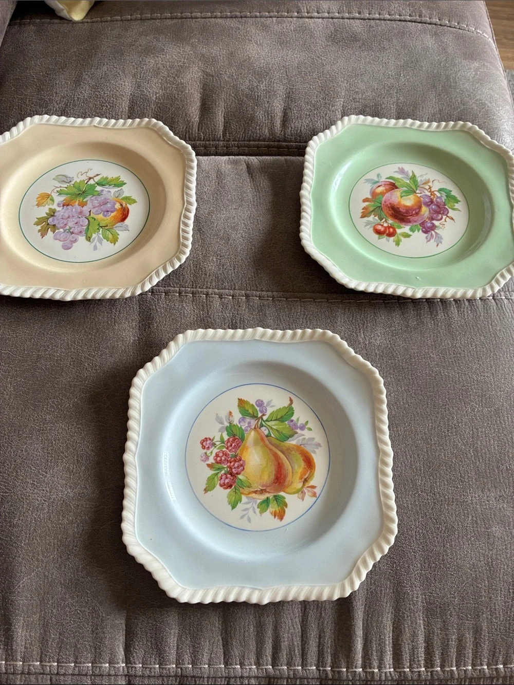 Vintage Pastel Fruit Motif Dinner Plates - Blue, Green, Cream